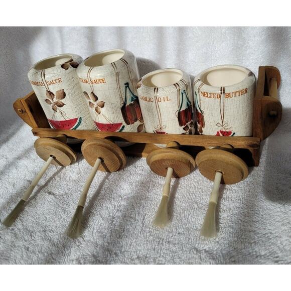 Set 4 Vintage ROYAL SEALY Jamaican Condiment Jar Wood Shelf BBQ Japan MCM - Picture 3 of 9